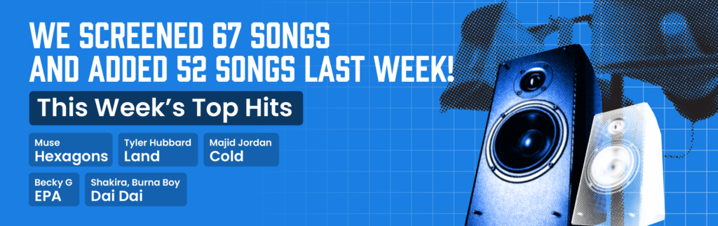 A light gray promotional banner featuring a colorful geometric grid of musical icons, shapes, and stars on the right side. On the left, the dark text reads, "We Screened 67 Songs and Added 52 Songs Last Week!" with the numbers highlighted in orange. Below the headline, an orange badge reads "This Week’s Top Hits." Underneath, five songs and artists are listed in color-coded boxes: "Muse - Hexagons" in blue, "Tyler Hubbard - Land" in light blue, "Majid Jordan - Cold" in dark blue, "Becky G - EPA" in red, and "Shakira, Burna Boy - Dai Dai" in orange.